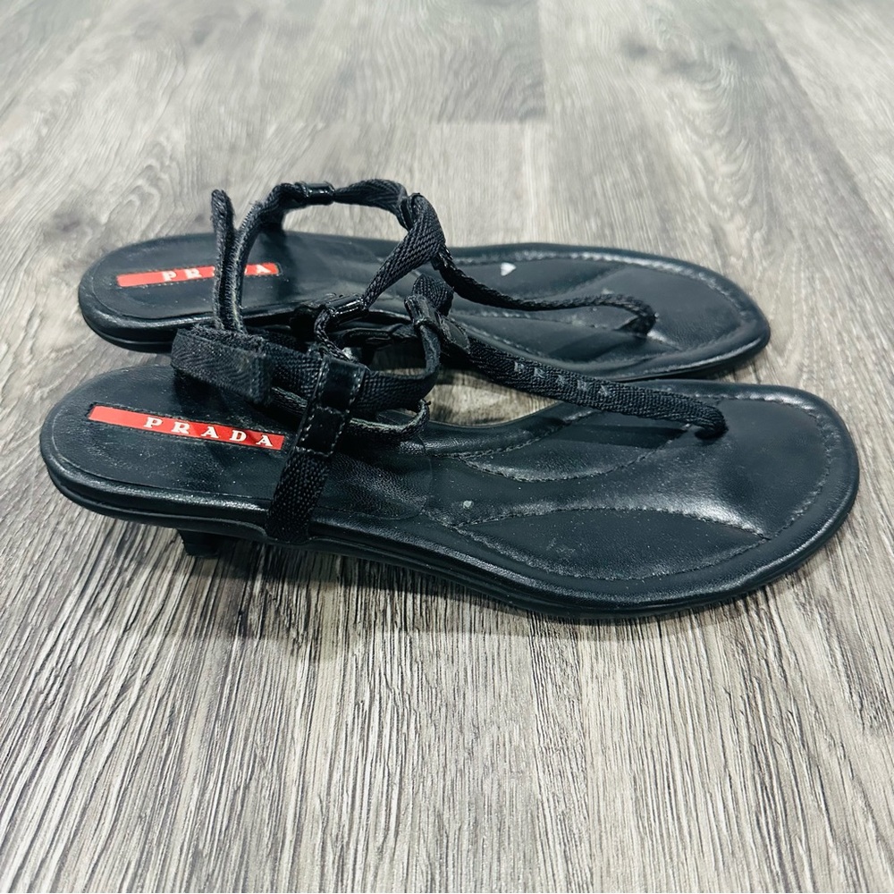 Prada Sport Y2K Black Leather Nylon Logo T-strap Kitten Low Heel Sandals size 36